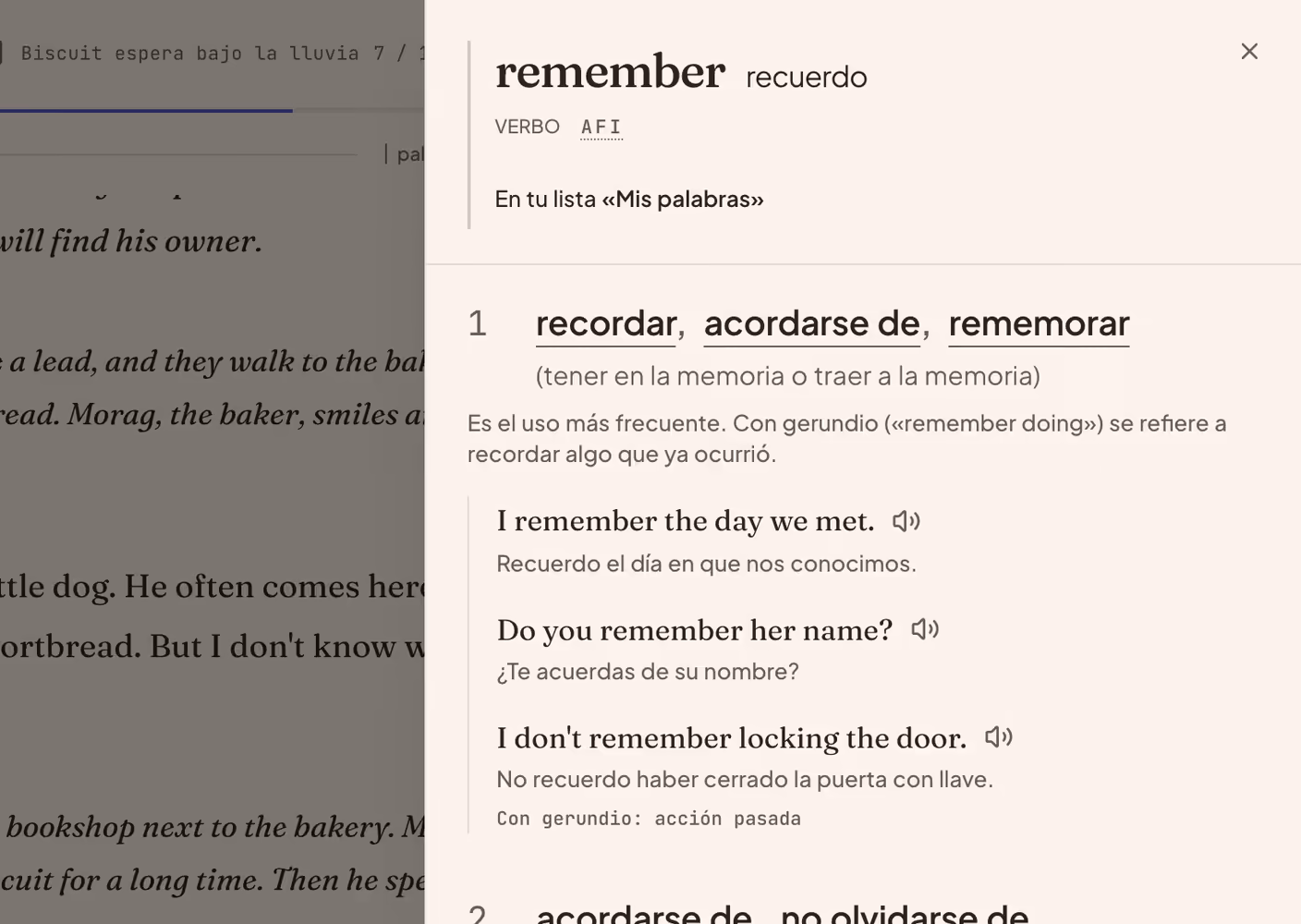 Un cuento abierto en la aplicación con la palabra «remember» pulsada. A su lado se abre su entrada del diccionario, con significados y frases de ejemplo en inglés y en español.