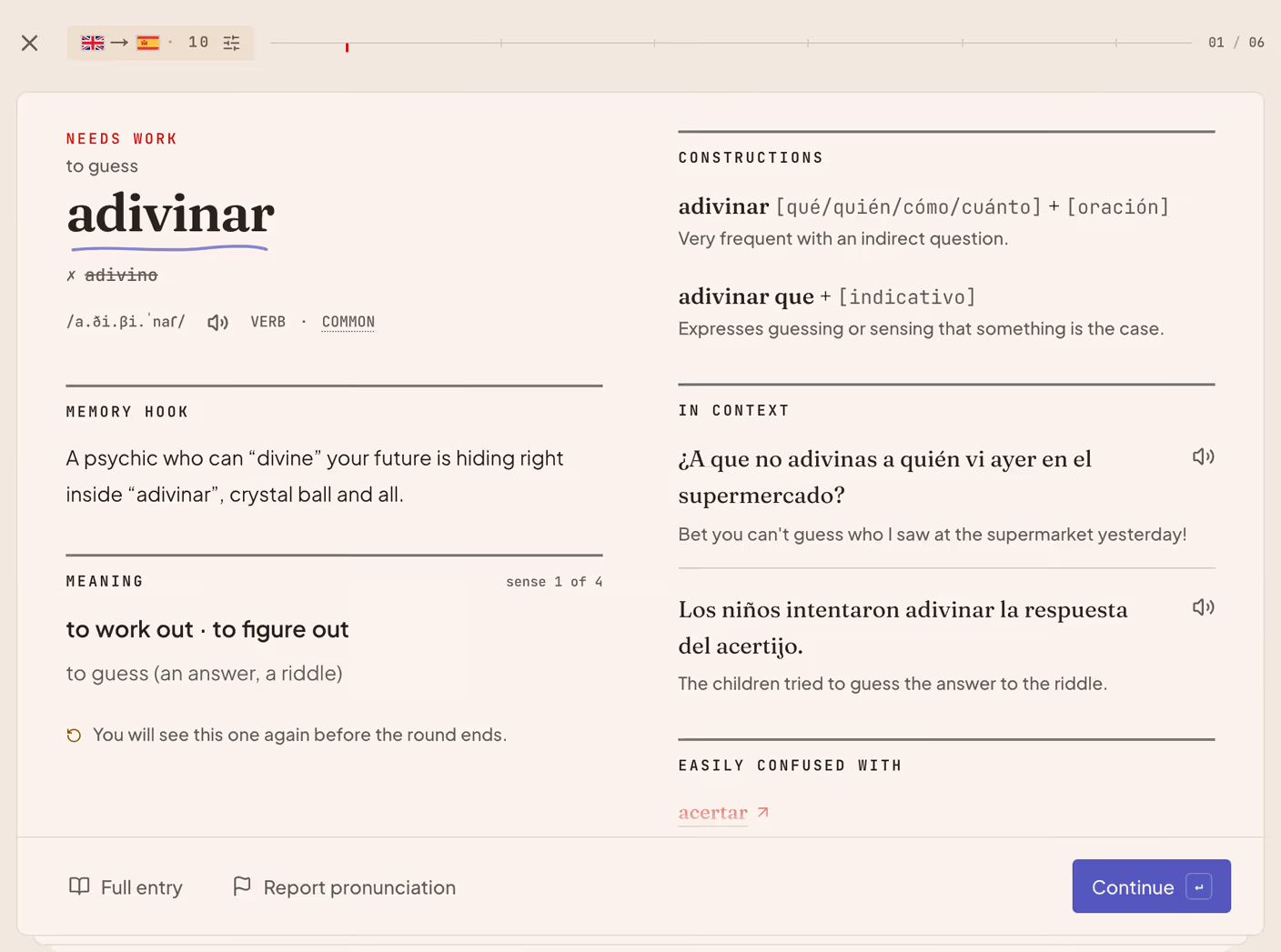 A review card after a wrong answer: «adivino» struck through under «adivinar», with a memory hook, the meaning, example sentences and a note that the word comes back before the round ends.