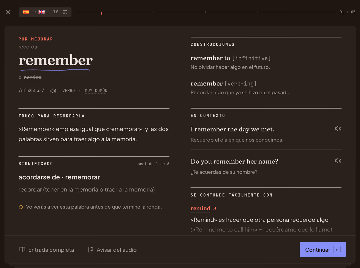 Una tarjeta de repaso tras una respuesta equivocada: «remind» tachada bajo «remember», con un truco para recordarla, el significado, frases de ejemplo y el aviso de que vuelve antes de que termine la ronda.