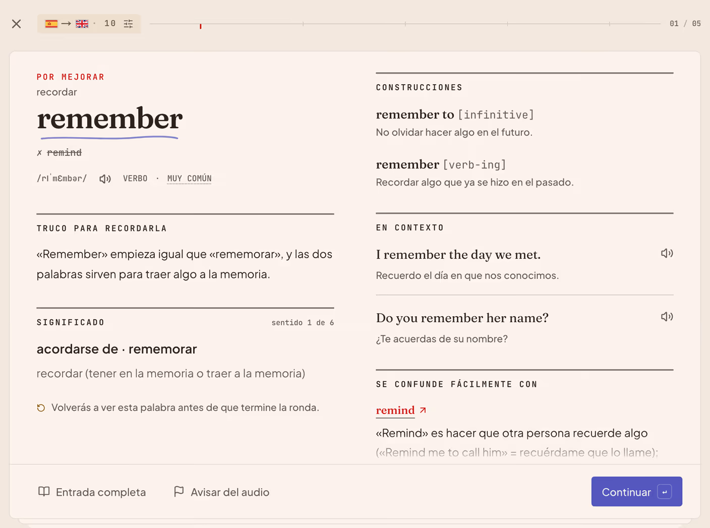 Una tarjeta de repaso tras una respuesta equivocada: «remind» tachada bajo «remember», con un truco para recordarla, el significado, frases de ejemplo y el aviso de que vuelve antes de que termine la ronda.