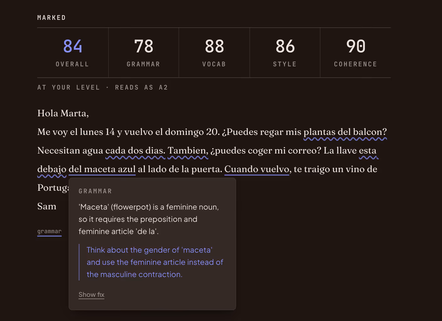 A message after checking: five scores above the text and the mistakes underlined. One is open: «maceta» is feminine, so «del» becomes «de la», with a hint and the fix kept back.